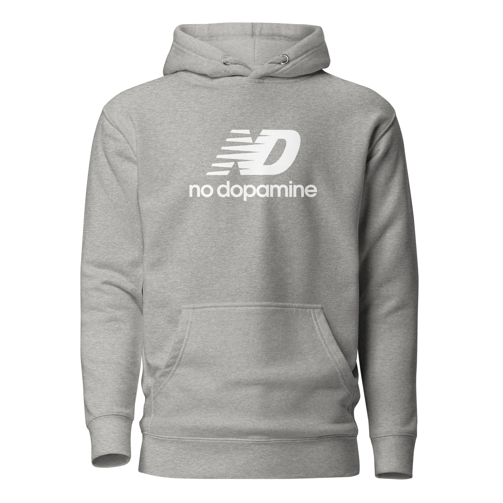 Gray hoodie with 'no dopamine' text and logo