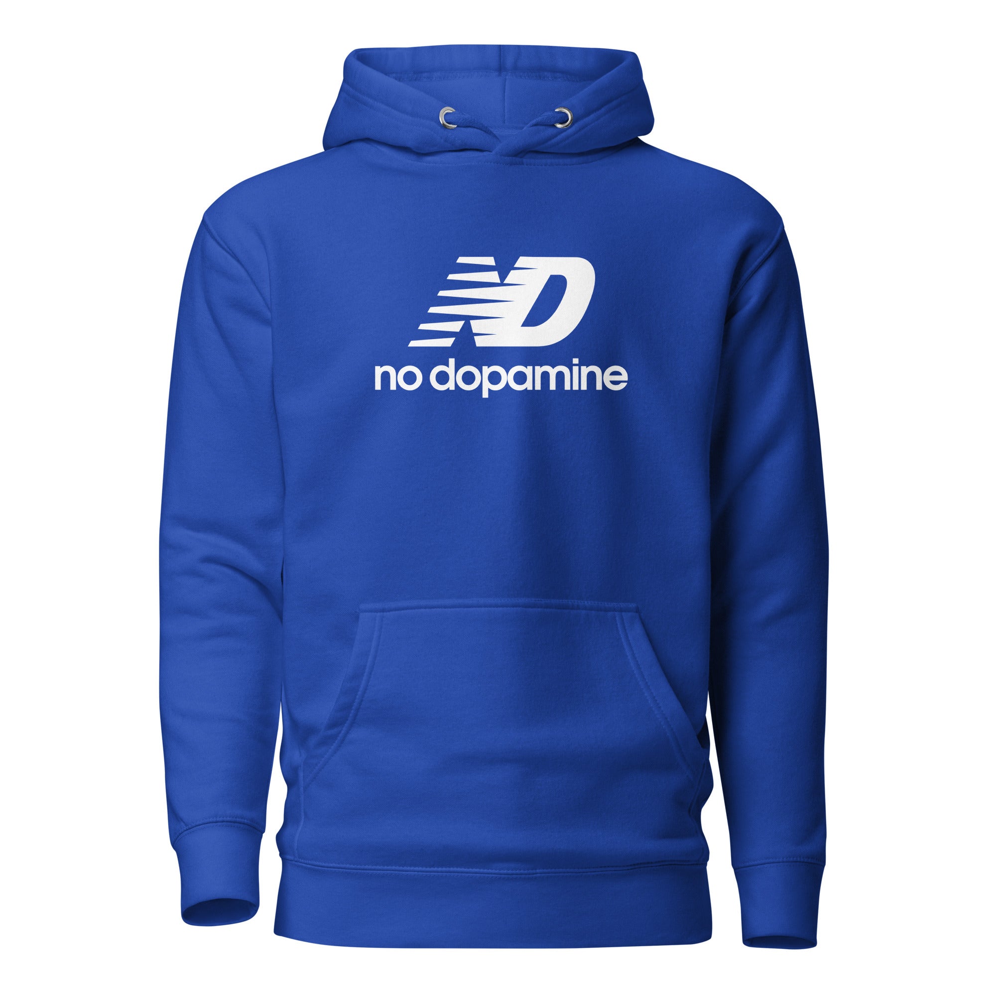 Blue hoodie with 'no dopamine' text design