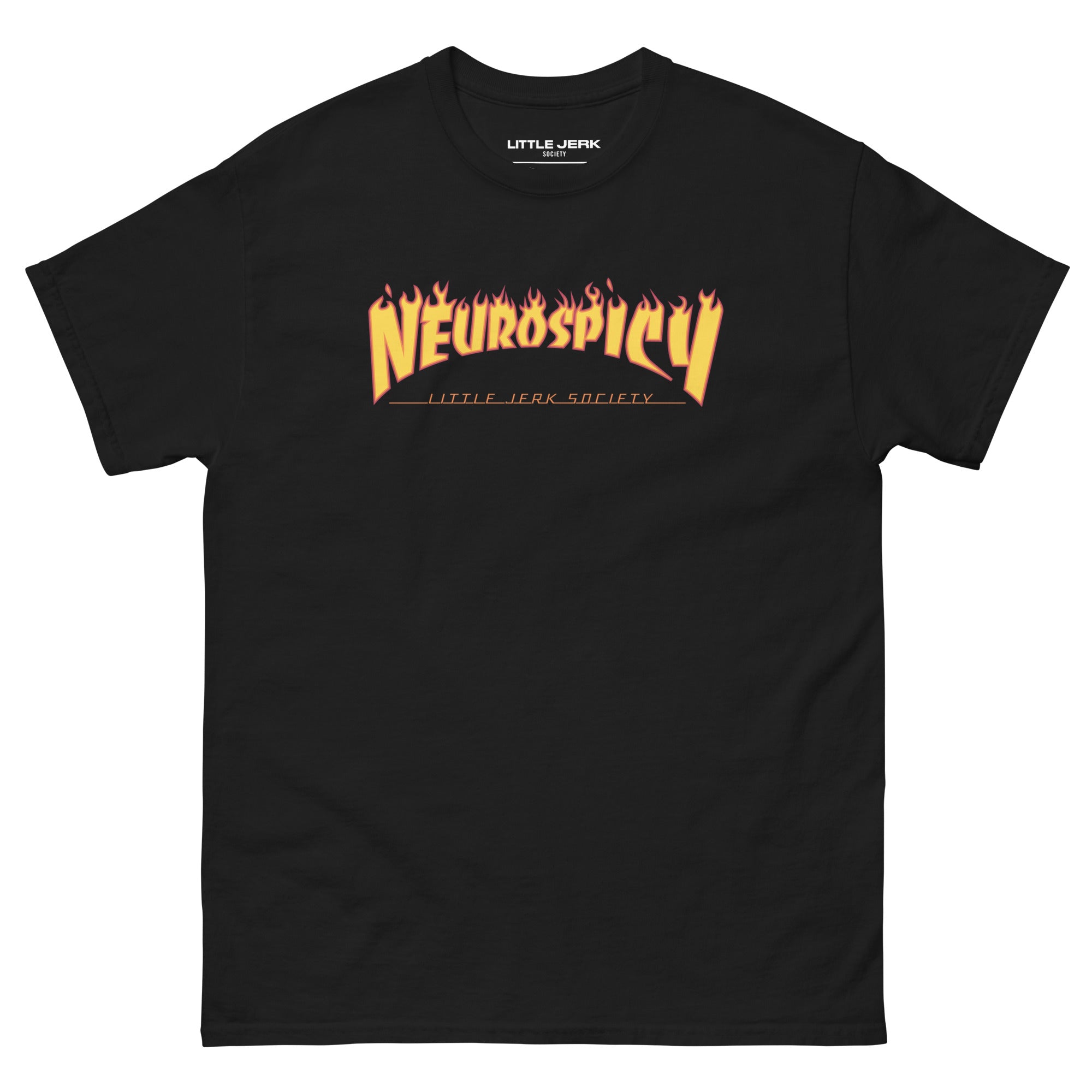 Black t-shirt featuring the text 'Neurospicy' in fiery orange graphic.