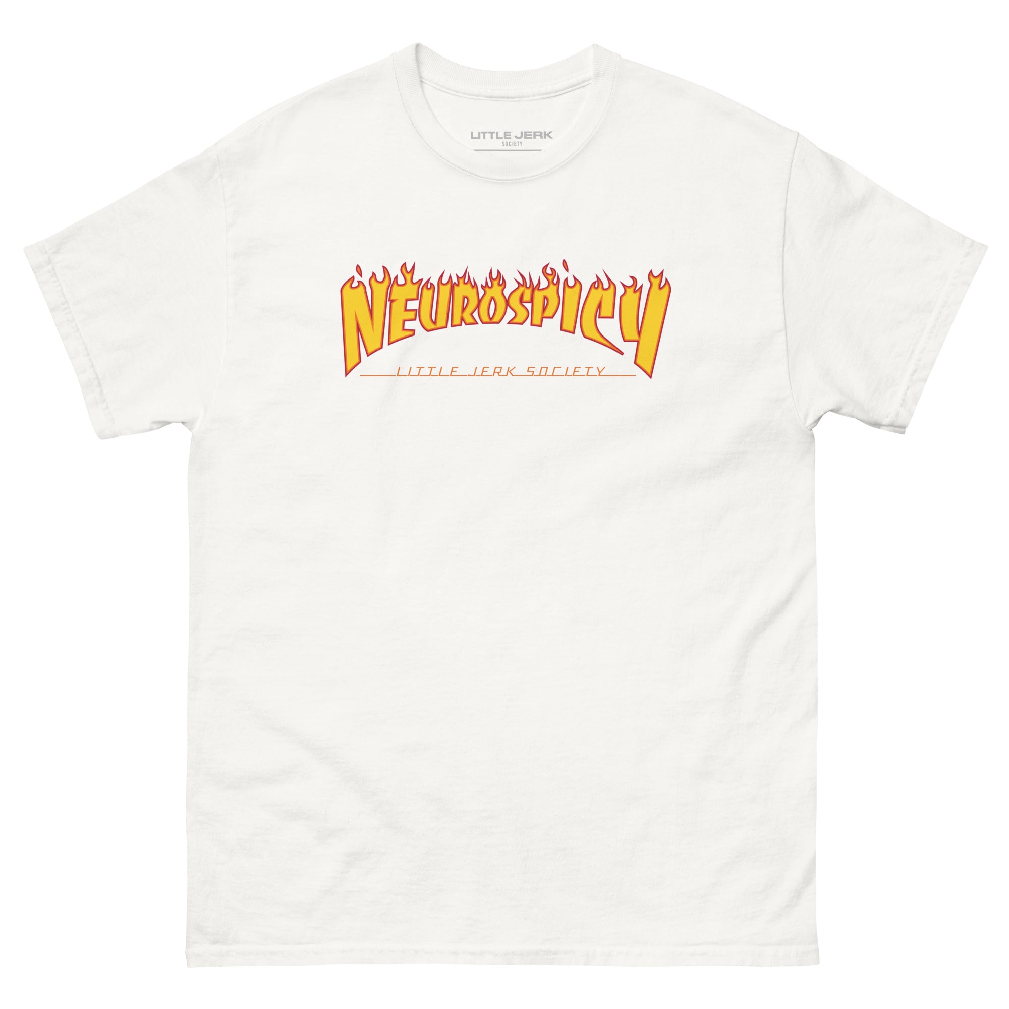 White t-shirt with the text 'Neurospicy' in a bold, colorful font