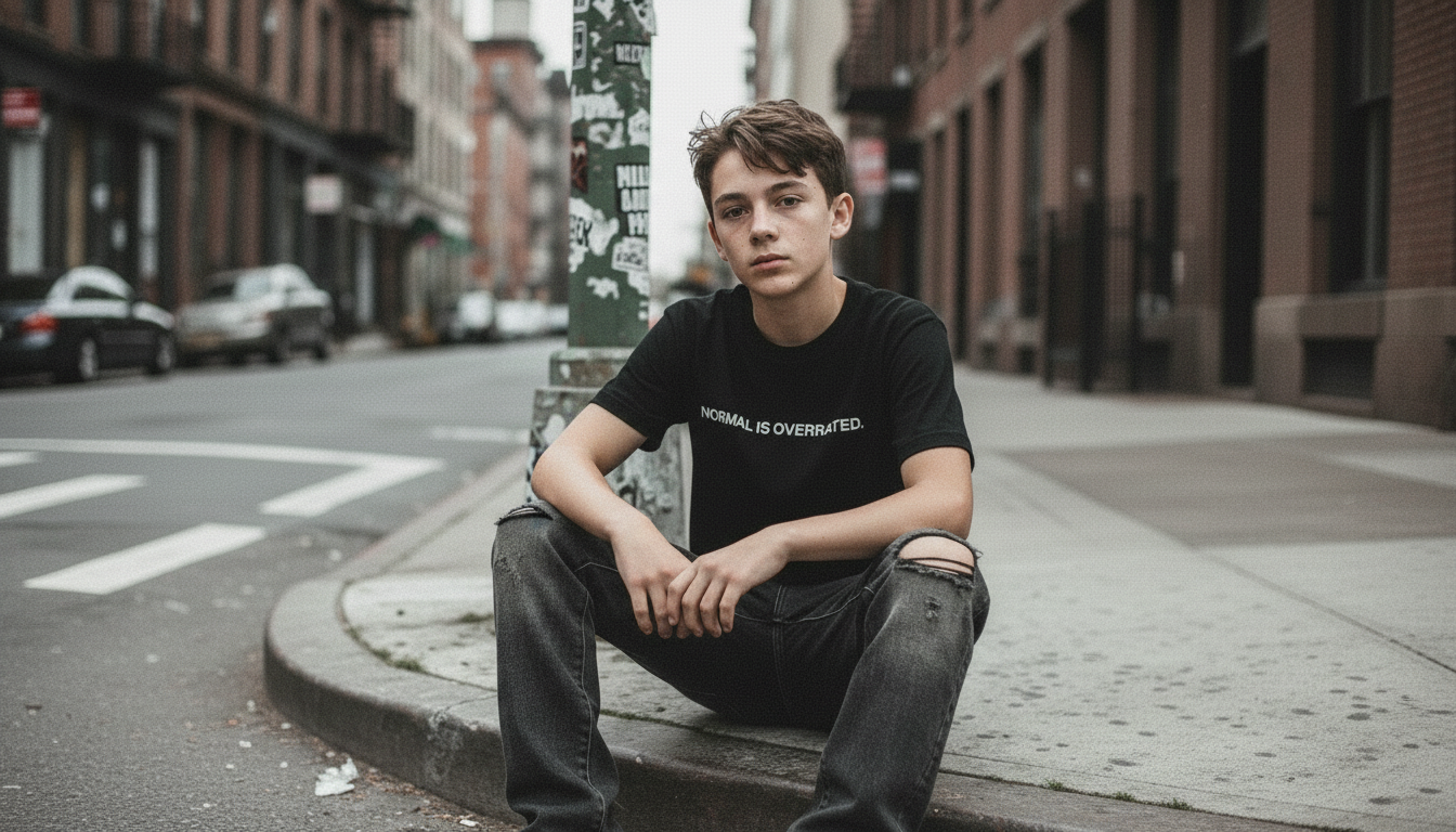 Person sitting on a city street corner wearing a black t-shirt with text.